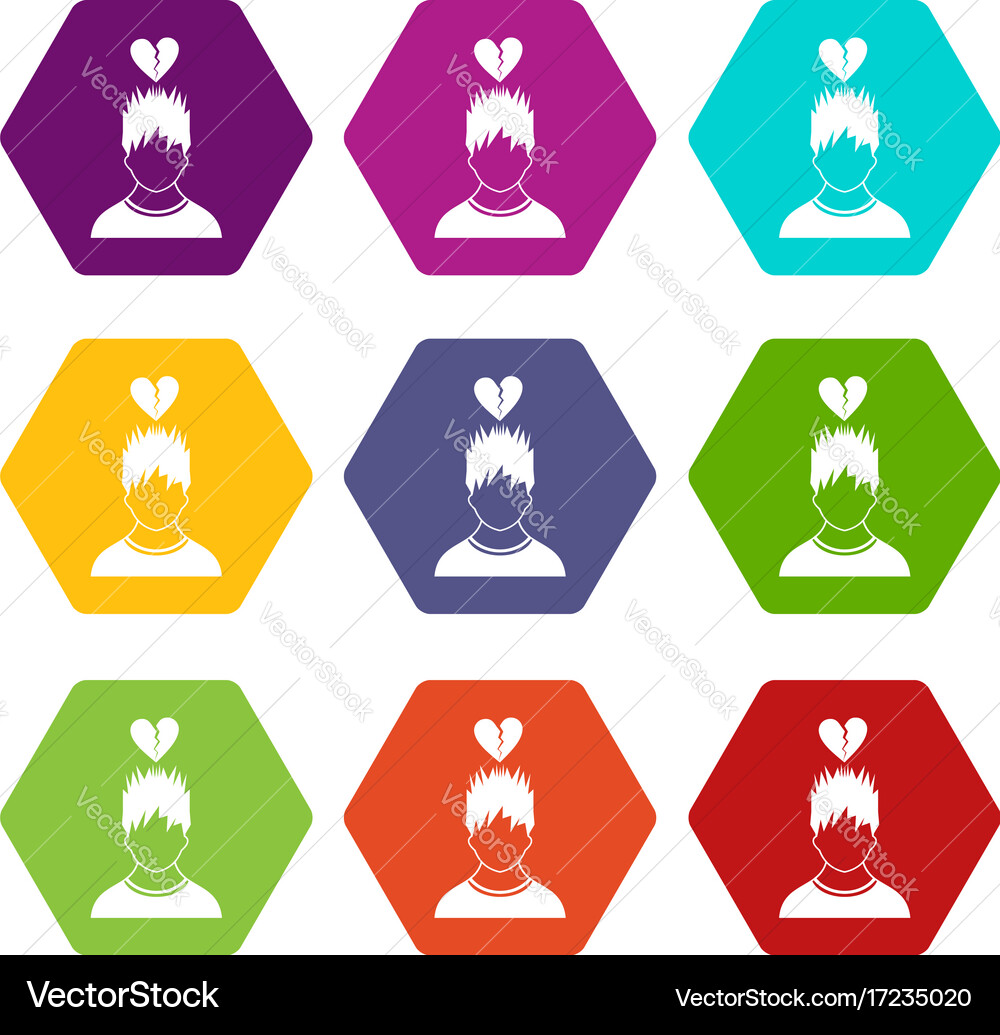 Man with broken red heart over head icon set color vector image