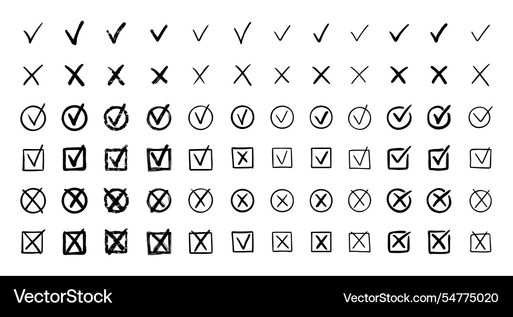 Prüfzeichen Hand gezogen doodle set tick cross Prüfzeichen Hand gezogen doodle set tick cross vektorbild