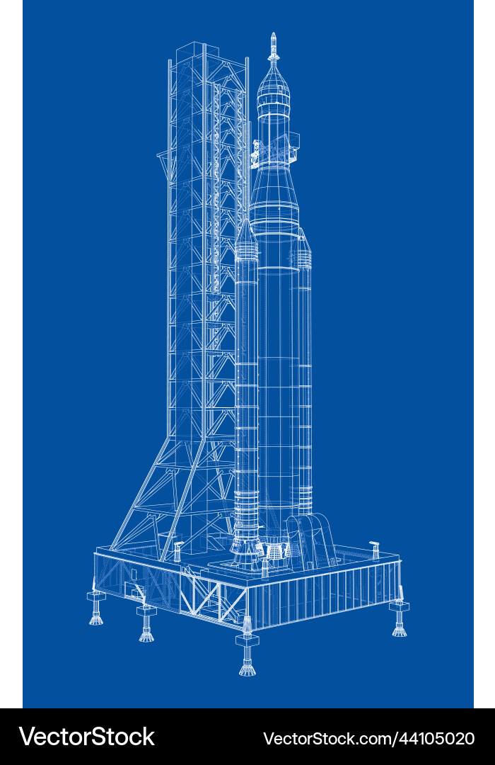 Space rocket on launch pad rendering of 3d vector image