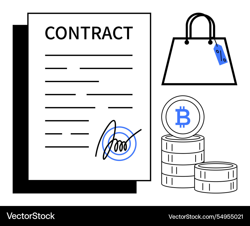 Contract with signature shopping bag and bitcoin Vector Image