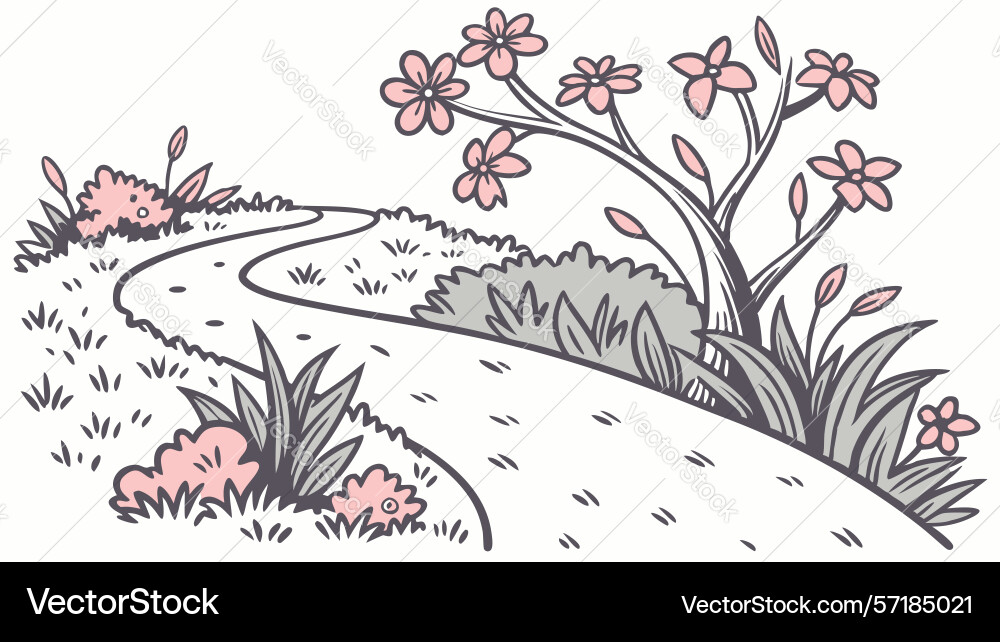 Enchanting winding path through flowering trees vector image