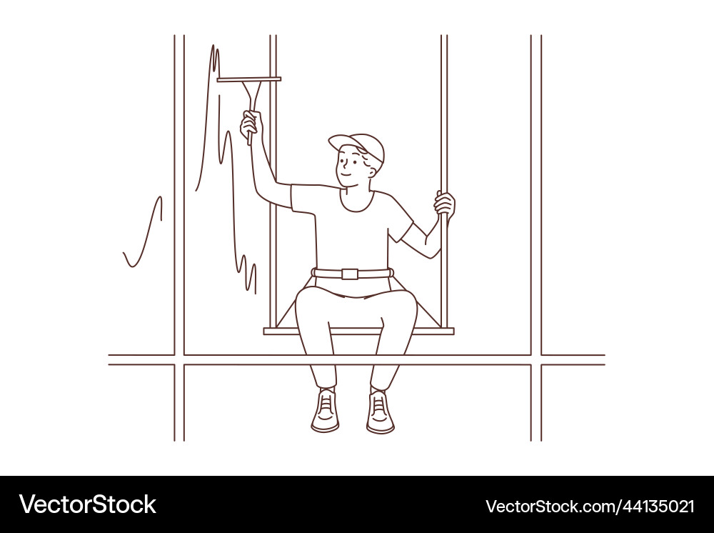 Man hanging on ropes clean building window Man hanging on ropes clean building window Vector Image