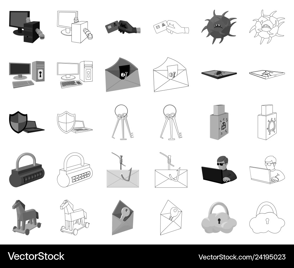 Hacker and hacking monochromeoutline icons in set Hacker and hacking monochromeoutline icons in set Vector Image