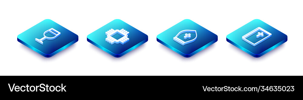 Set isometric line wine glass processor with cpu Vector Image