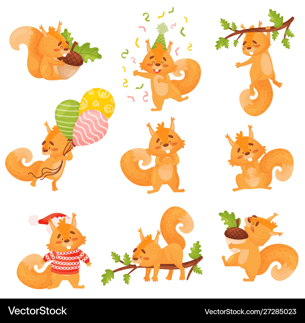 Set of cute red squirrel in different actions Set of cute red squirrel in different actions Vector Image