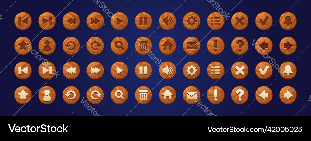 Wooden web buttons round icons for game interface Wooden web buttons round icons for game interface vector image
