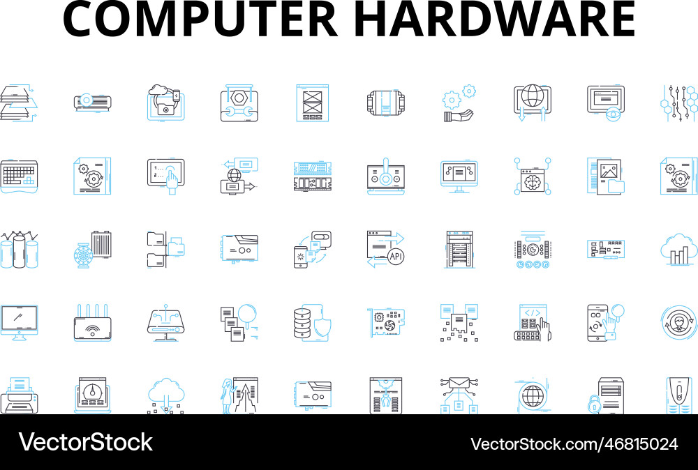 Computer hardware linear icons set motherboard Computer hardware linear icons set motherboard vector image