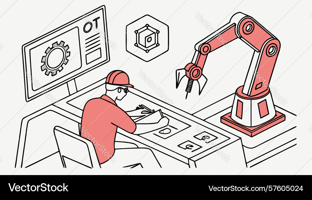 Robotics engineer with automated arm art design Vector Image