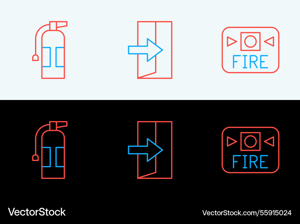 Set line fire alarm system extinguisher and exit Set line fire alarm system extinguisher and exit vector image
