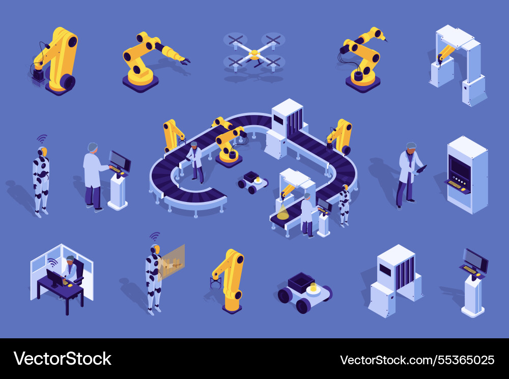 Robotic Factory Isometric Set Vector Image