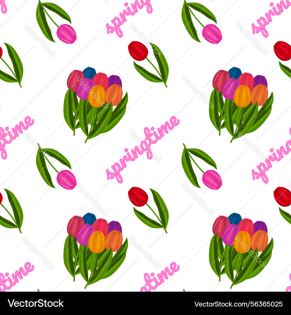 Seamless spring tulip pattern with springtime text Vector Image
