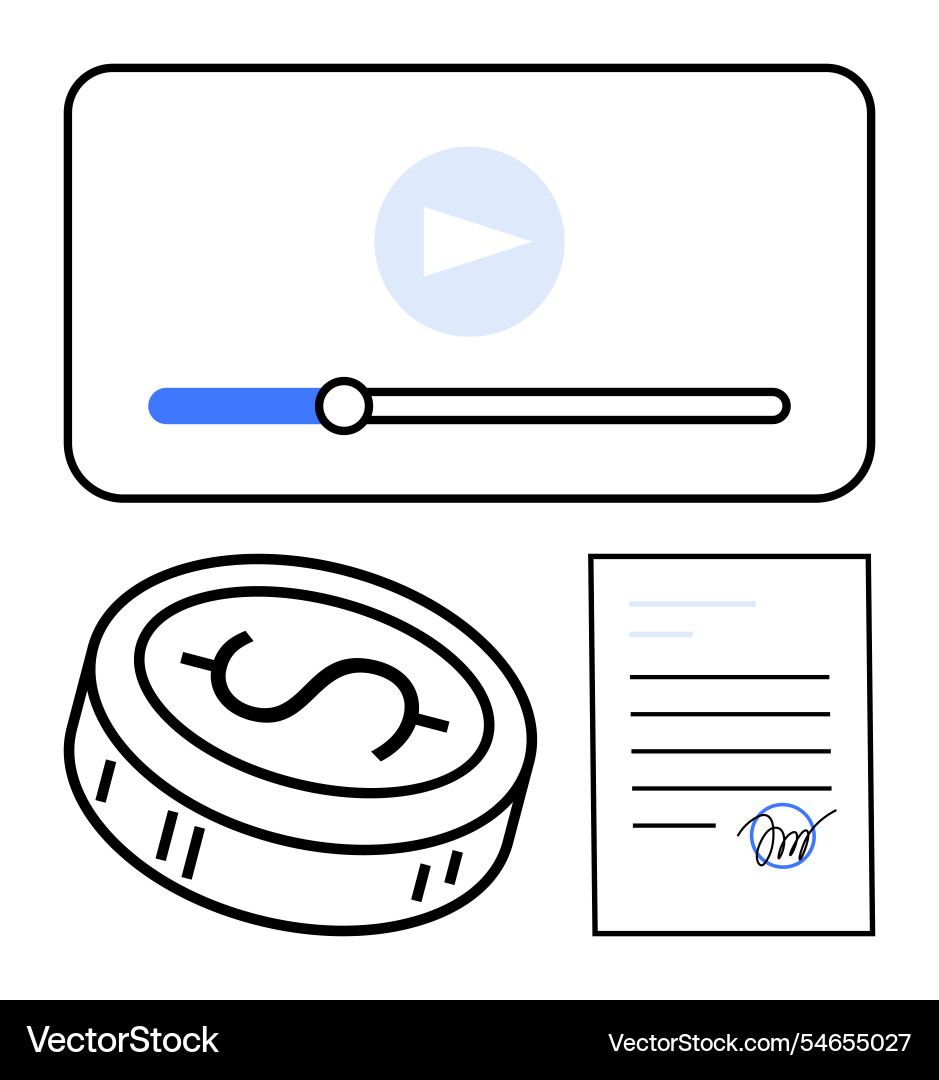 Media player window coin and signed document Media player window coin and signed document vector image