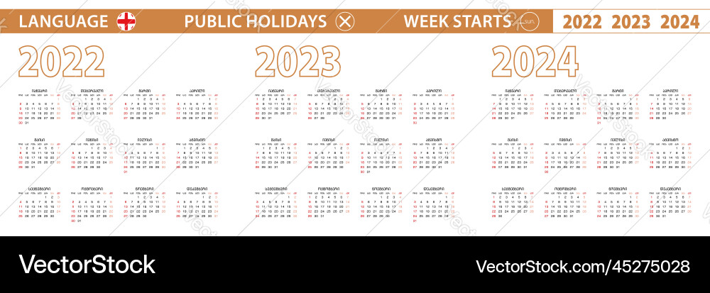 2022 2023 2024 year calendar in georgian language Vector Image