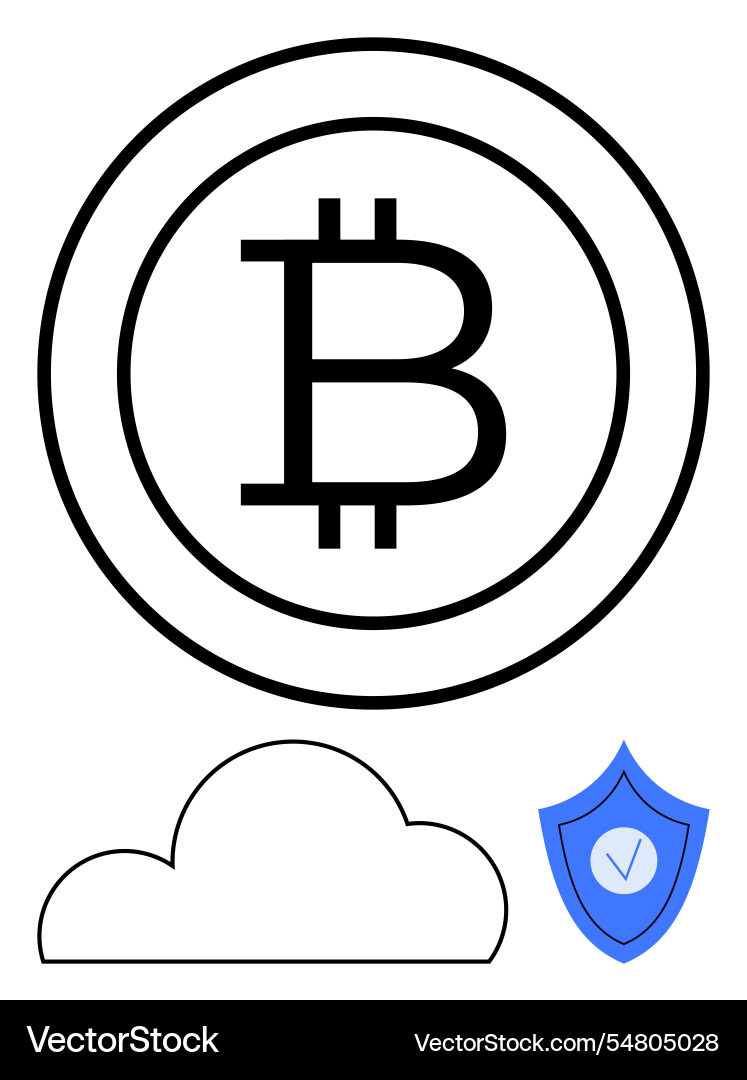 Bitcoin symbol inside circle with cloud and shield Bitcoin symbol inside circle with cloud and shield vector image