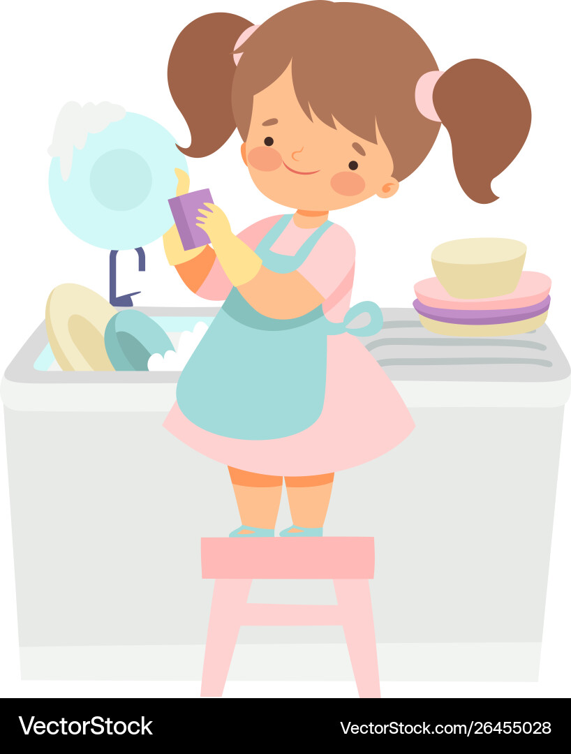 Cute girl washing dishes adorable kid doing Cute girl washing dishes adorable kid doing vector image