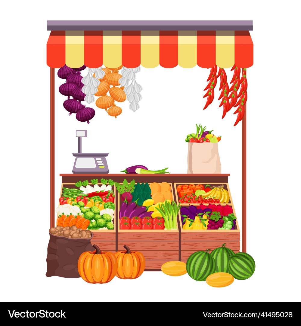 Fruit market or farmer stand stall and food booth vector image