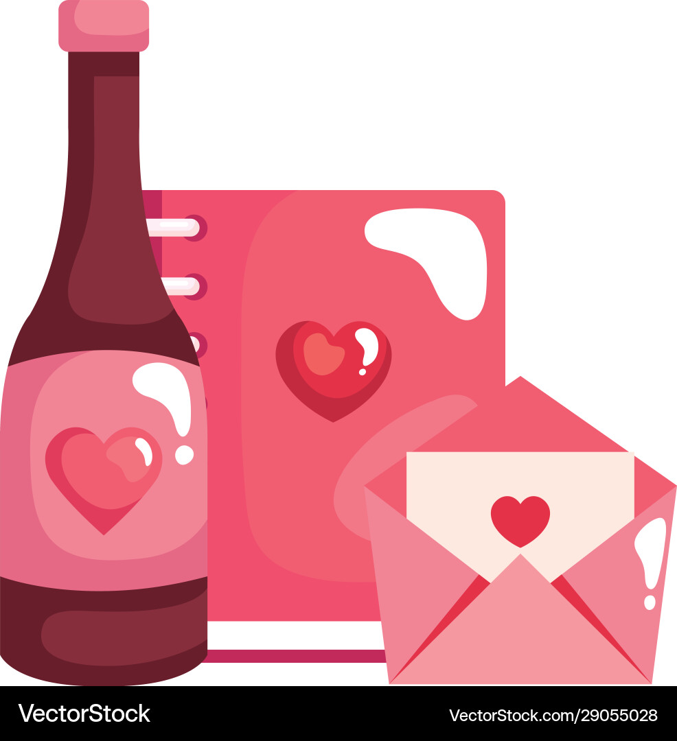 Notebook with bottle wine and envelope vector image
