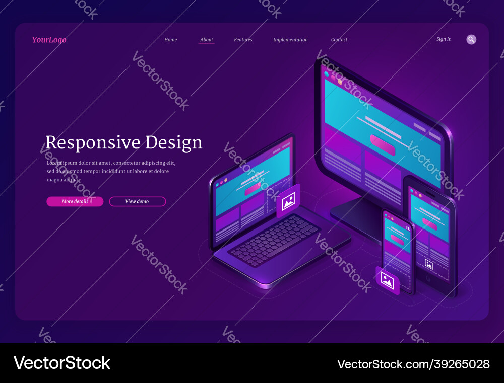 Responsive design isometric landing user interface Responsive design isometric landing user interface vector image