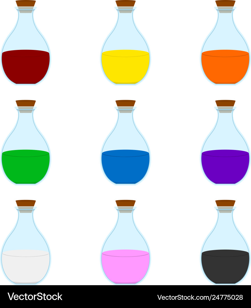 Set colored cartoon magic elixir flask Set colored cartoon magic elixir flask Vector Image