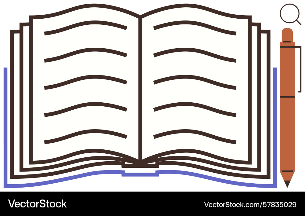 Open book with pen and search tool emphasizing vector image