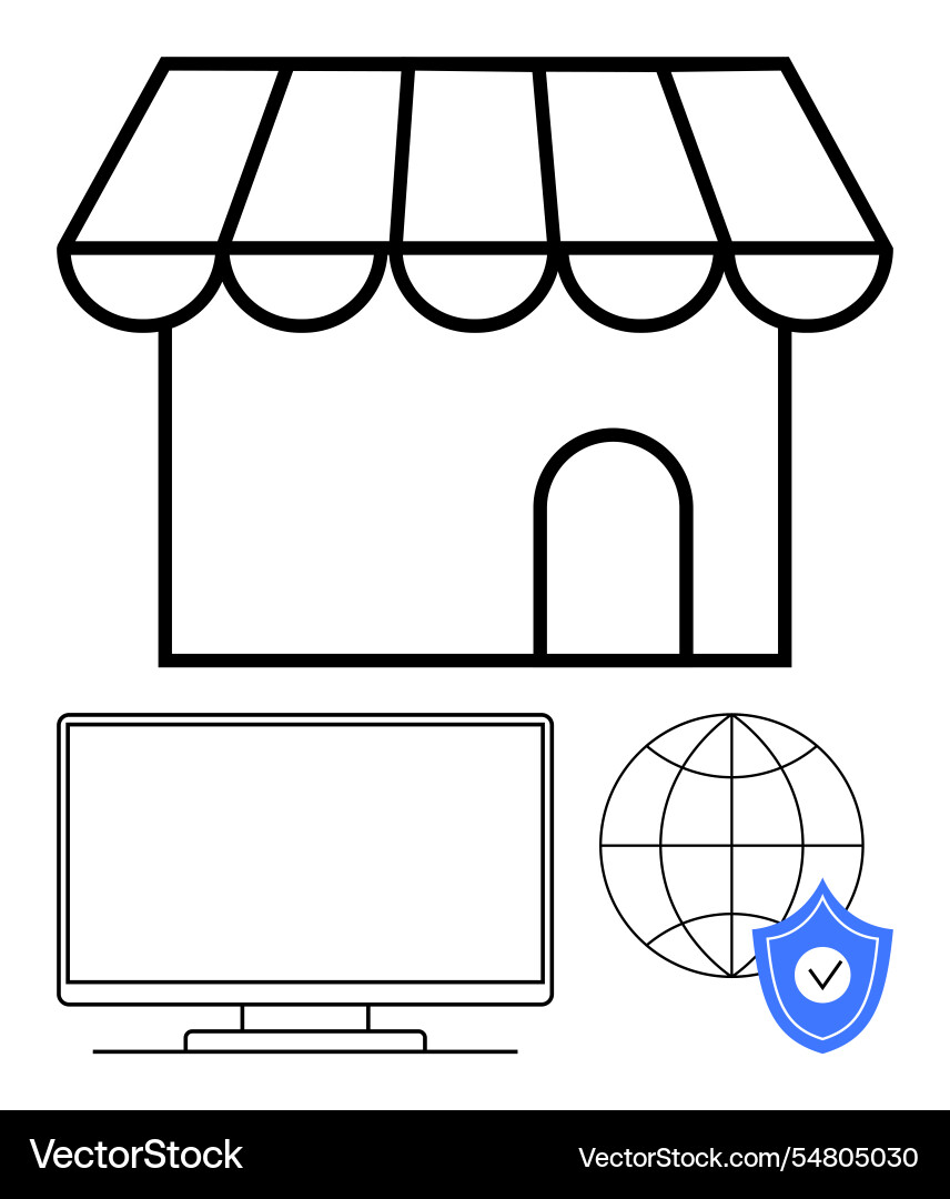 Online storefront with computer monitor global Online storefront with computer monitor global vector image