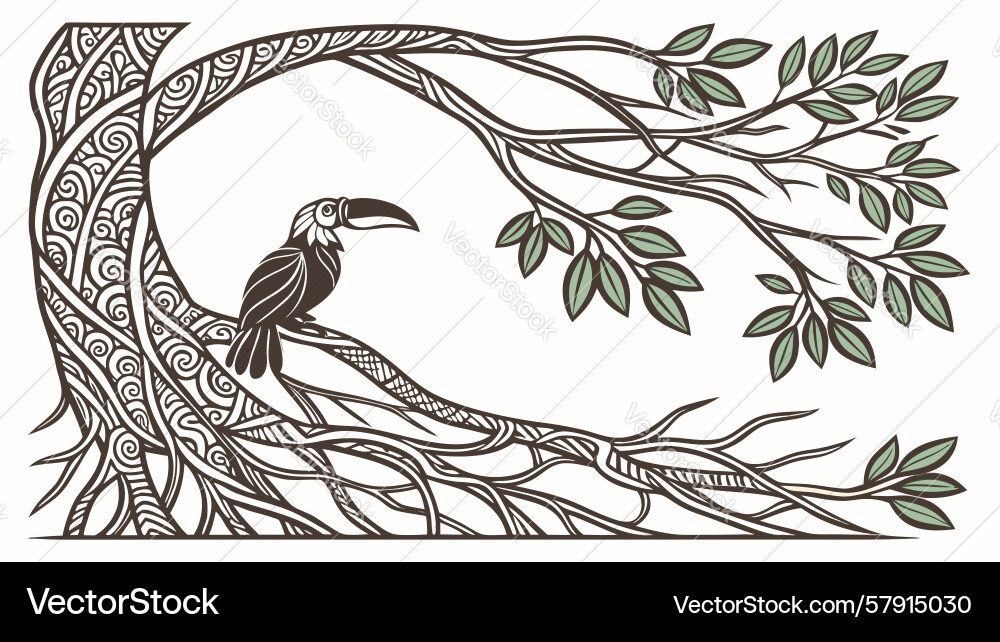 Raven on tree branch within rustic nature frame vector image