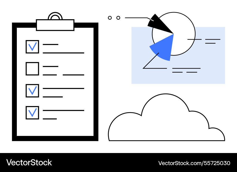 Task checklist with pie chart and cloud concept Task checklist with pie chart and cloud concept Vector Image