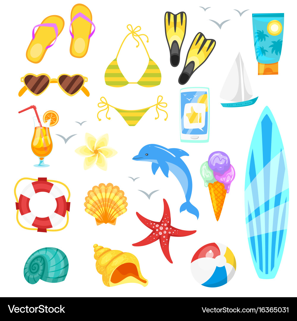 Cartoon style set of summer objects Vector Image