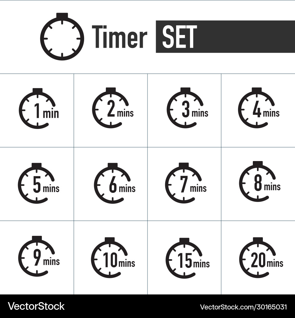 Clock timer icon set form 1 minute to 20 minutes vector image