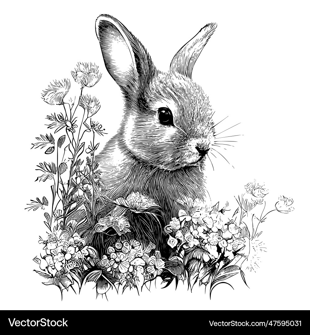 Floral Rabbit Sketch - Hand Drawn – Royalty-Free Vector | VectorStock