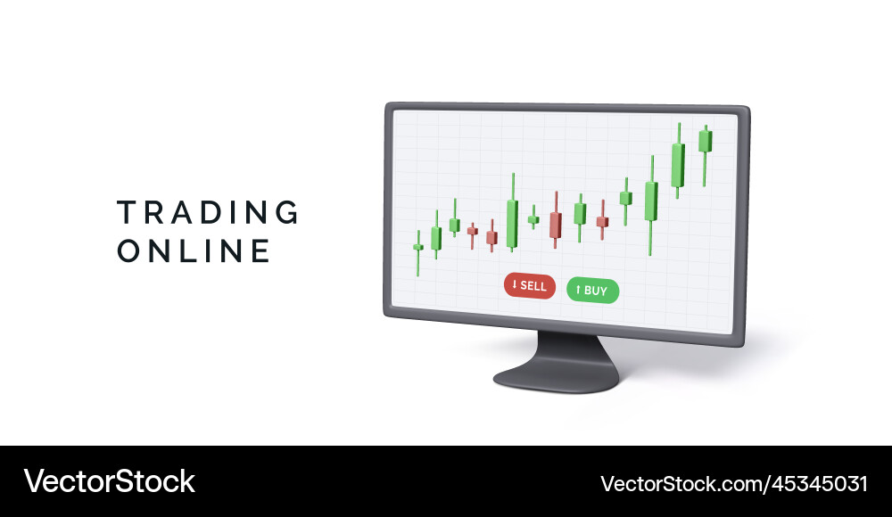 Pc monitor with candlestick chart on screen in 3d Pc monitor with candlestick chart on screen in 3d vector image