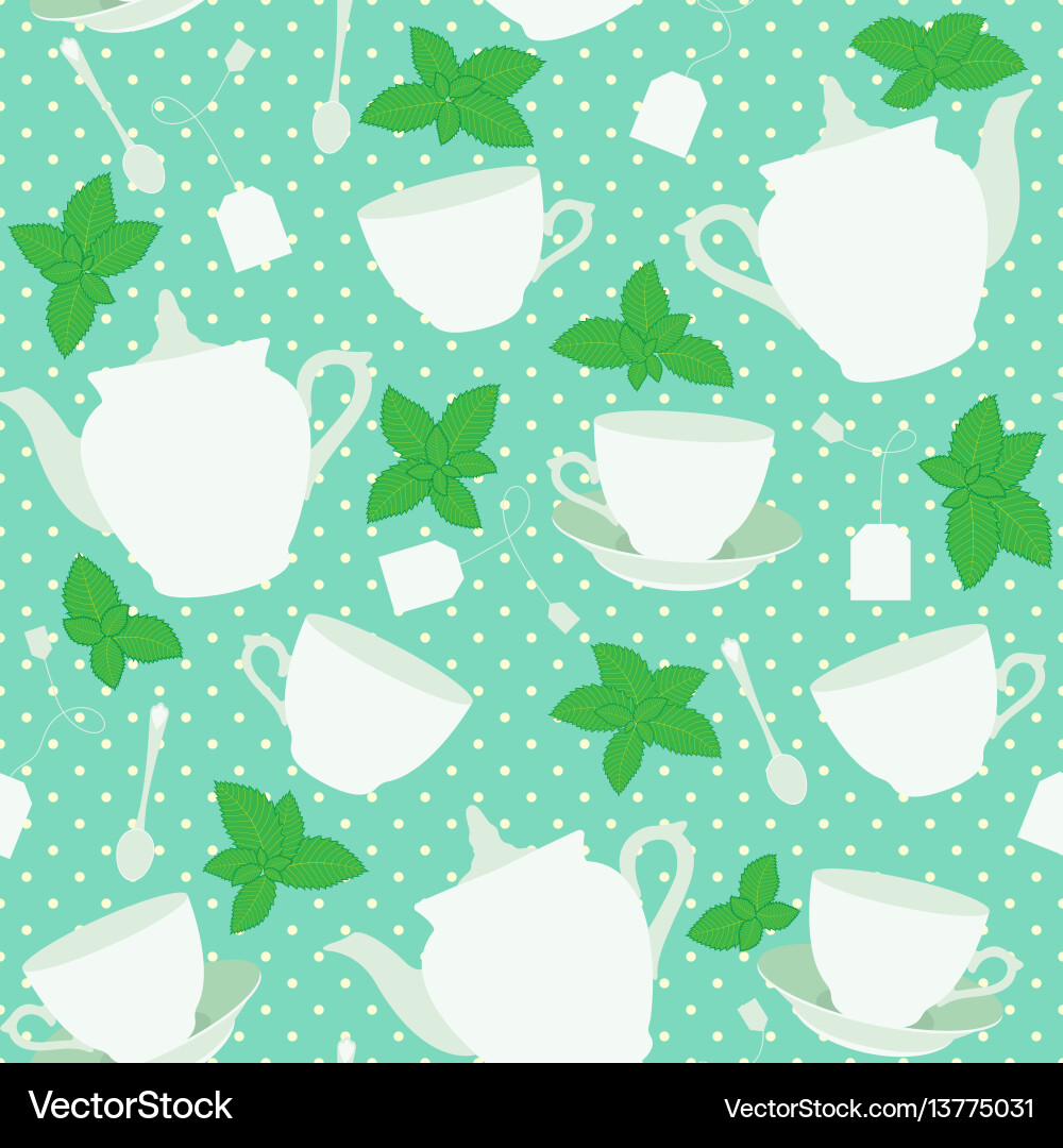 Seamless pattern with cups and teapots mint Seamless pattern with cups and teapots mint vector image