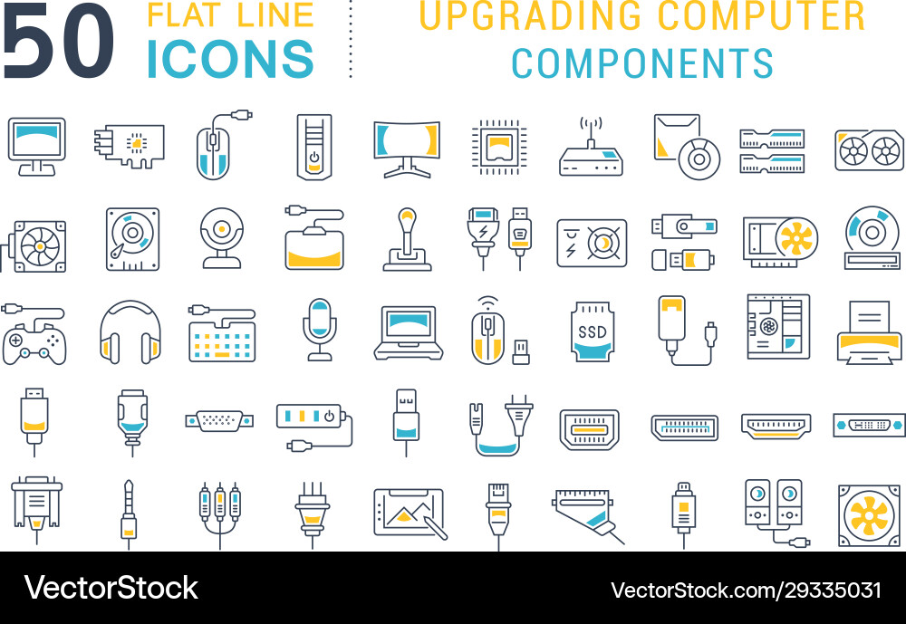 Setzen Sie Zeilensymbole Upgrade Computerkomponenten Vektorbild