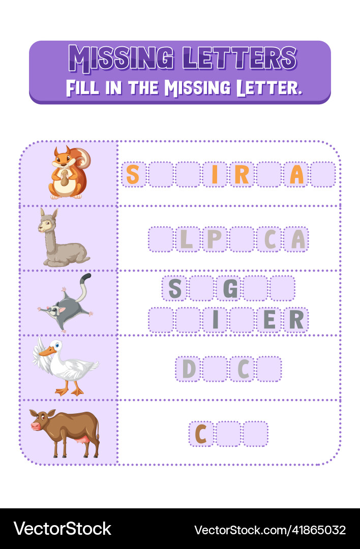 Fill the missing letter of each word worksheet Vector Image