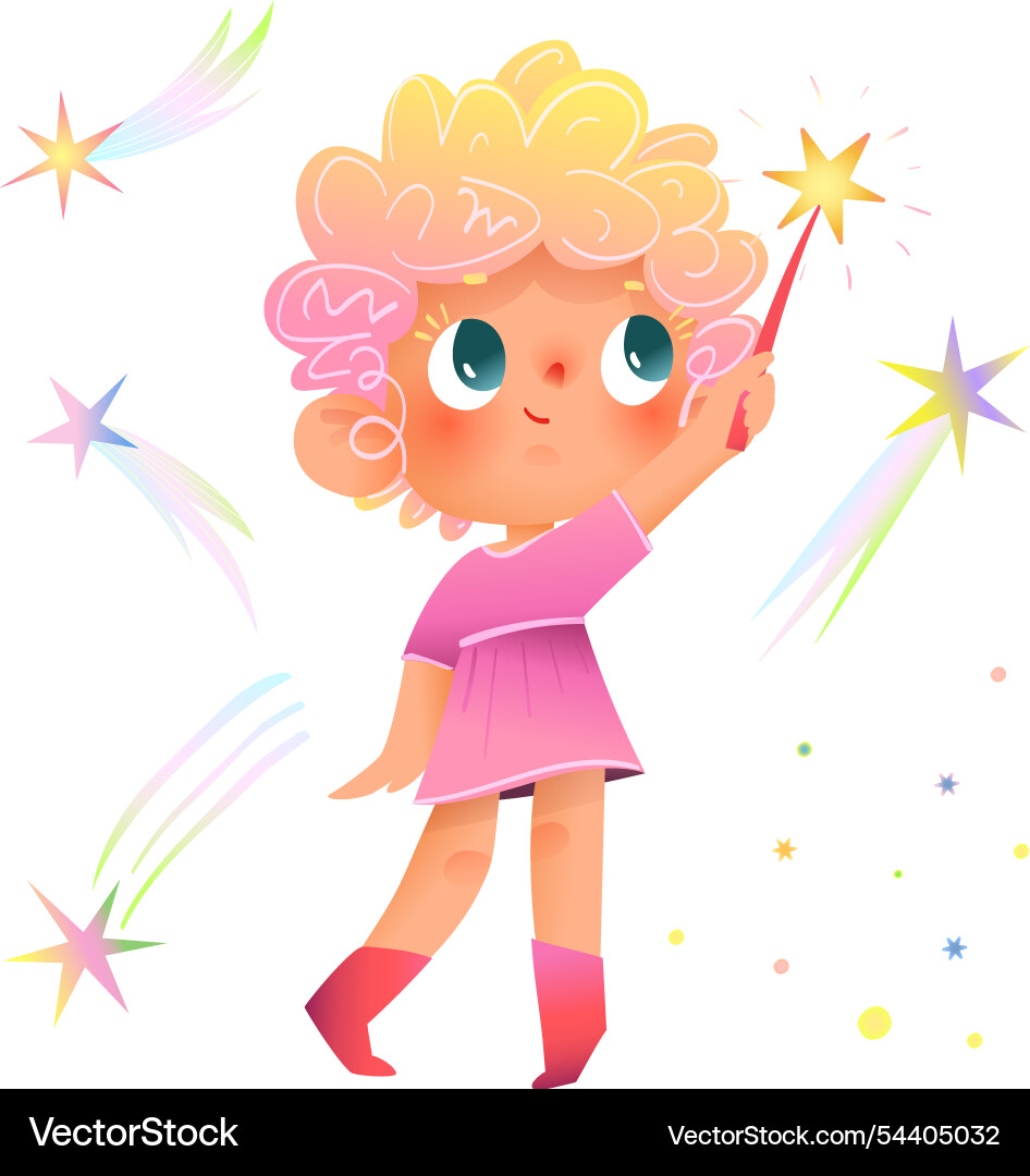 Girl wear princess costume hold shiny magic wand Girl wear princess costume hold shiny magic wand vector image