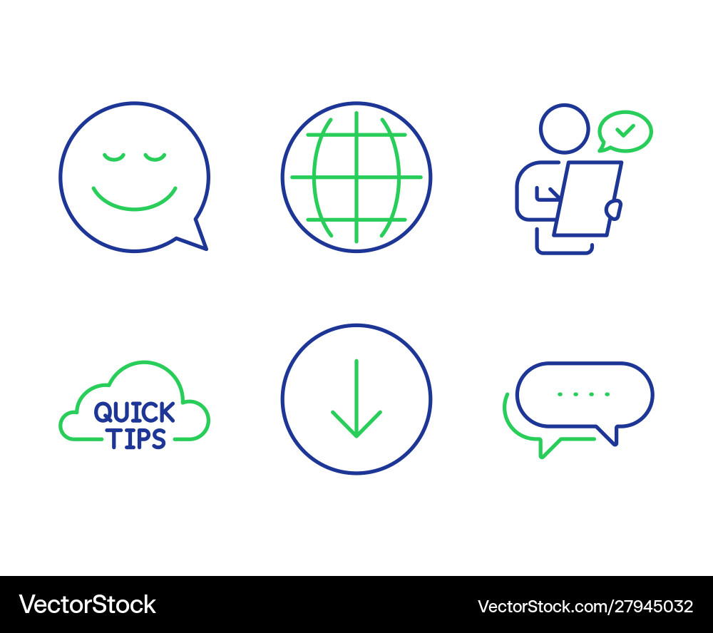 Quick tips smile and globe icons set scroll down Quick tips smile and globe icons set scroll down vector image