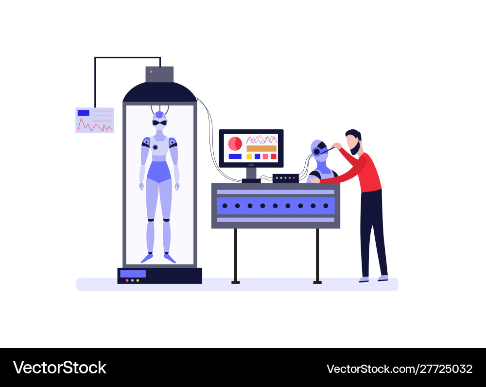 Scientist or engineer invents android robot flat Scientist or engineer invents android robot flat vector image