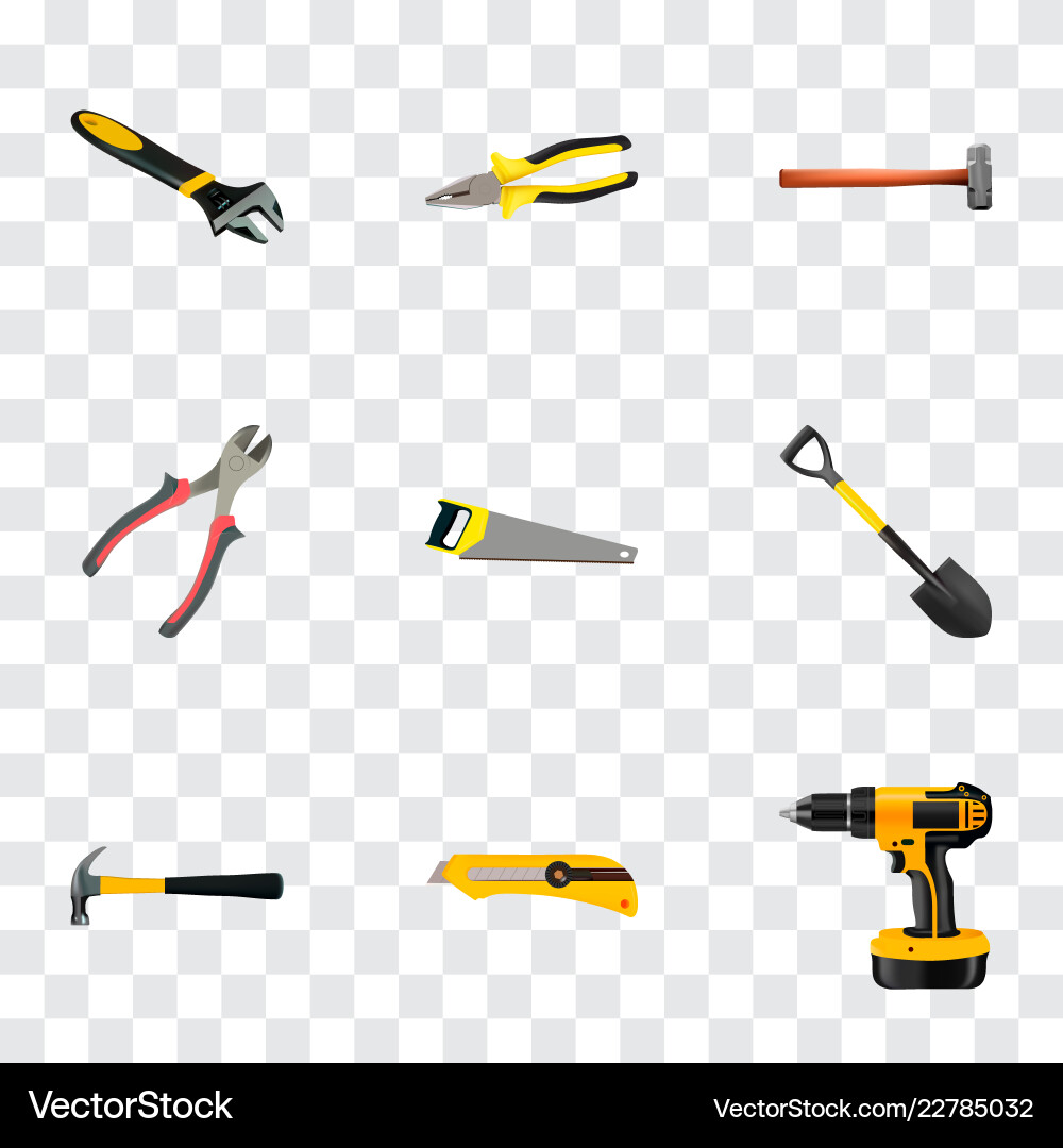 Set of instruments realistic symbols with cutter Set of instruments realistic symbols with cutter Vector Image