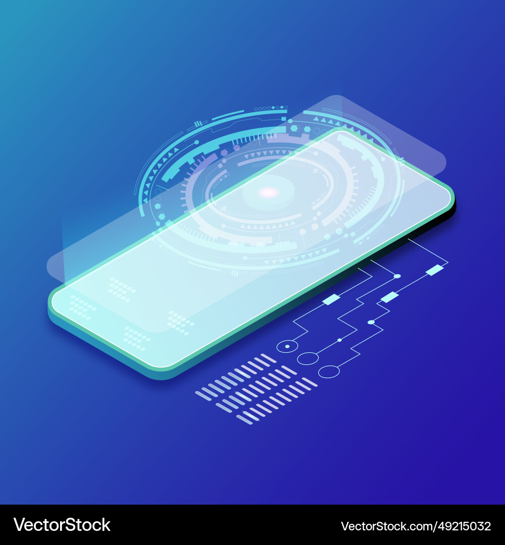 Technological phone with hud elements in isometry Vector Image