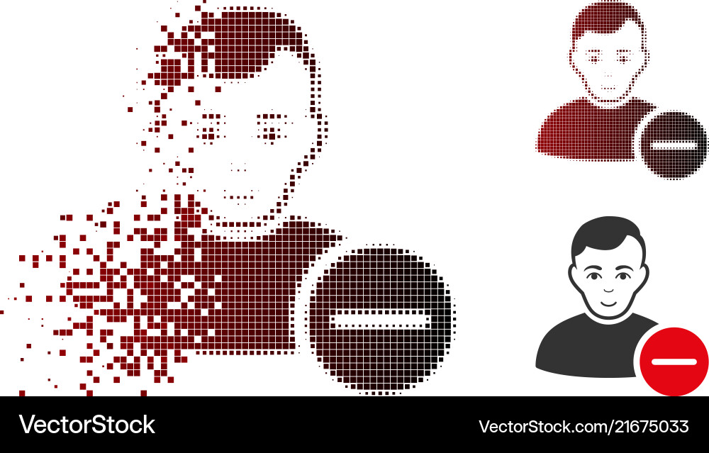 Fractured dot halftone user remove icon with face Fractured dot halftone user remove icon with face Vector Image