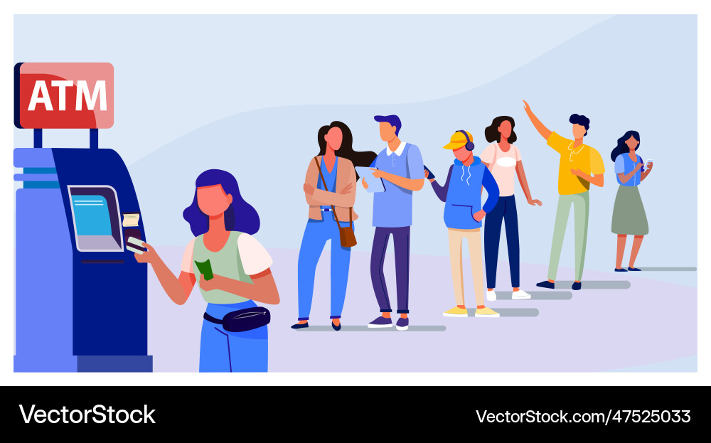 Queue of people standing for using atm Queue of people standing for using atm vector image
