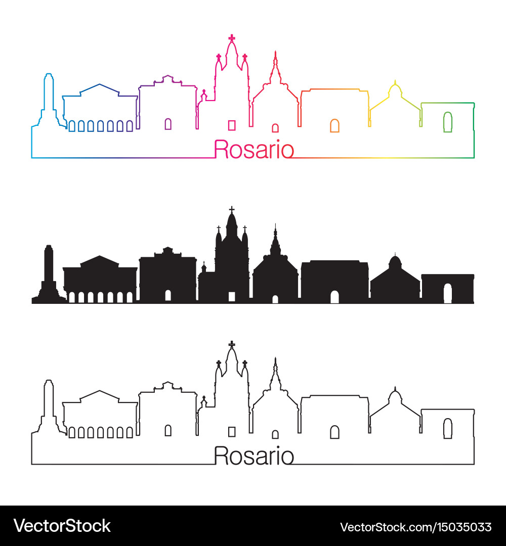 Rosario Skyline linear Stil mit Regenbogen Vektorbild