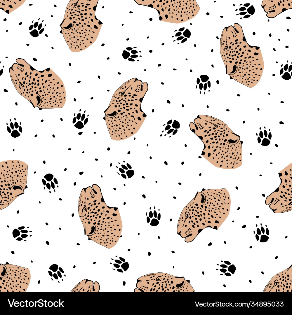 Seamless pattern with leopard and paw marks Seamless pattern with leopard and paw marks Vector Image
