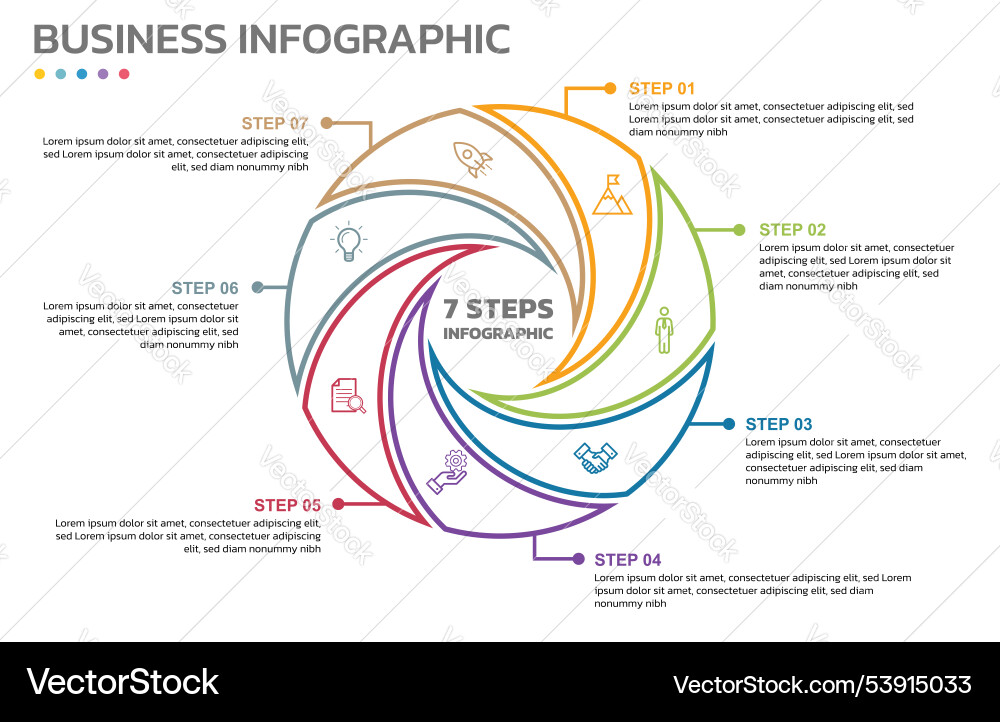 Visual data presentation cycle diagram with 7 Visual data presentation cycle diagram with 7 Vector Image