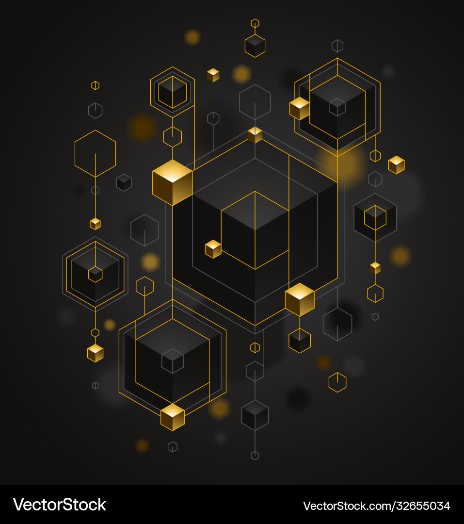 Cubes cluster with golden elements lines and dots Cubes cluster with golden elements lines and dots Vector Image