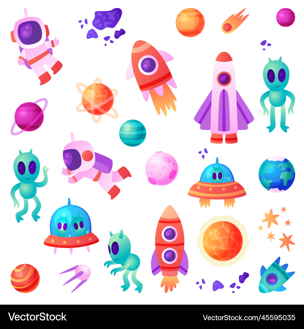 Space and universe exploration objects with rocket vector image