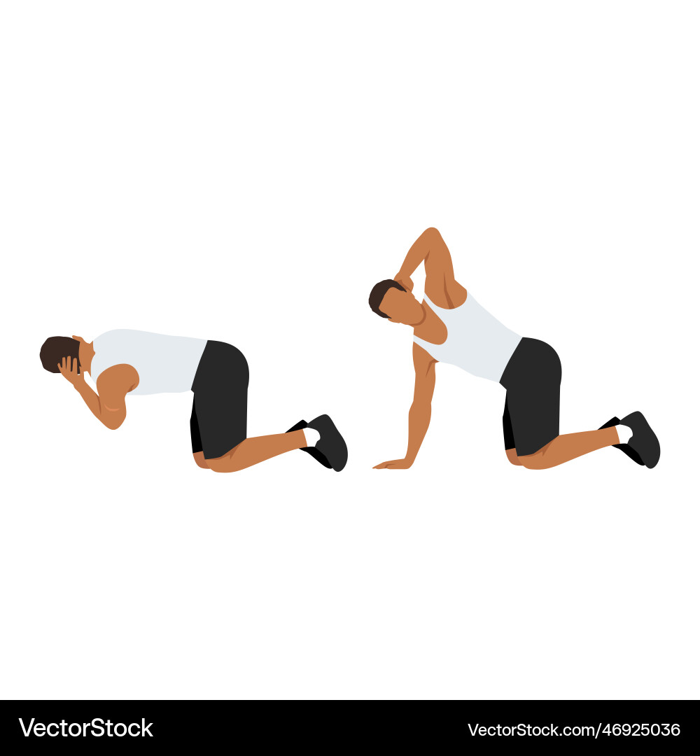 Man doing exercise in thoracic rotation pose Man doing exercise in thoracic rotation pose Vector Image