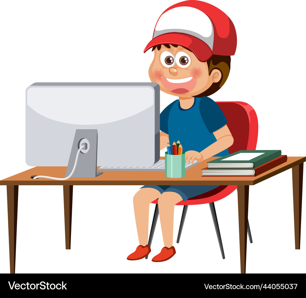 A boy sitting in front of computer Vector Image