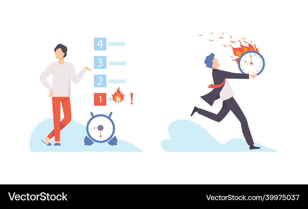 Man with burning clock dial failing handling Man with burning clock dial failing handling vector image