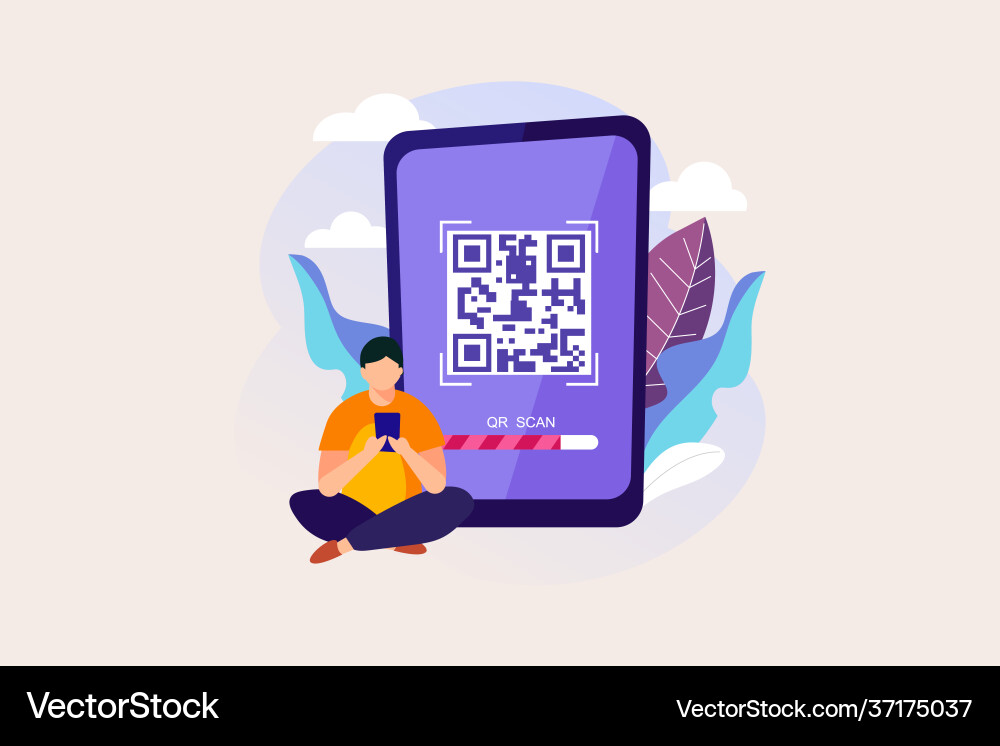 Qr-Code-Scan mit Charakter-Design flach il vektorbild